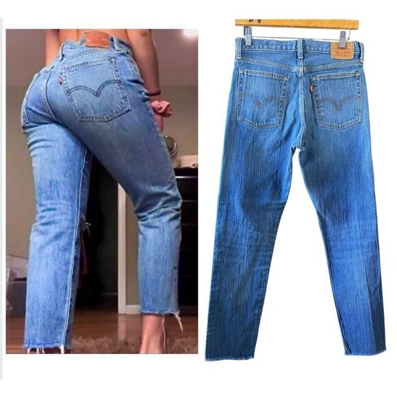 Rare Levi’s White Oak Cone Denim Jeans Raw Hem High-Rise Button Fly Size 28 - Picture 1 of 15